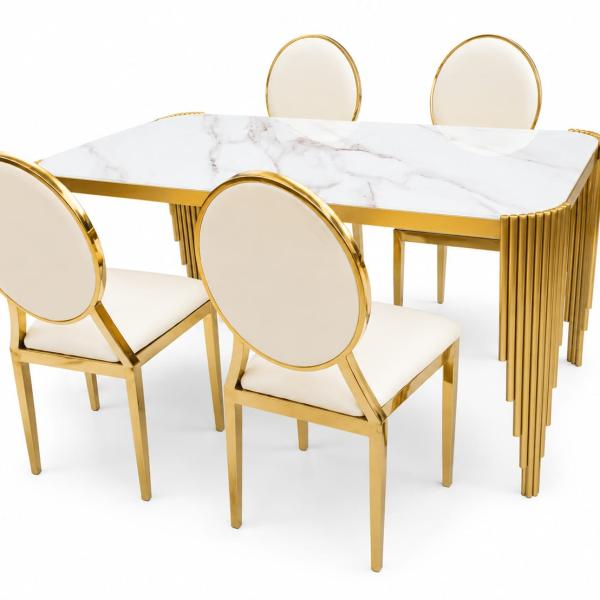 Modern Luxury Gold Dining Table Set – Black Glass Top & Round Leather Chairs - mwajo furniture